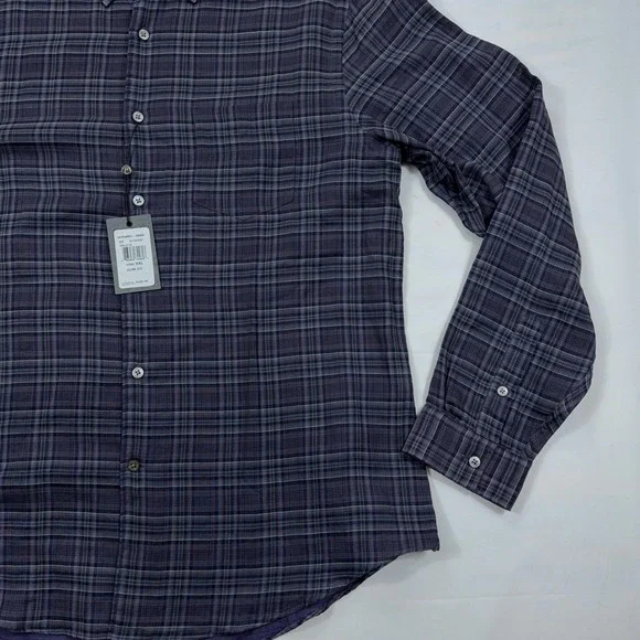 John Varvatos NWT Mens Button Down Shirt XXL Iron Grey Purple Plaid Cotton